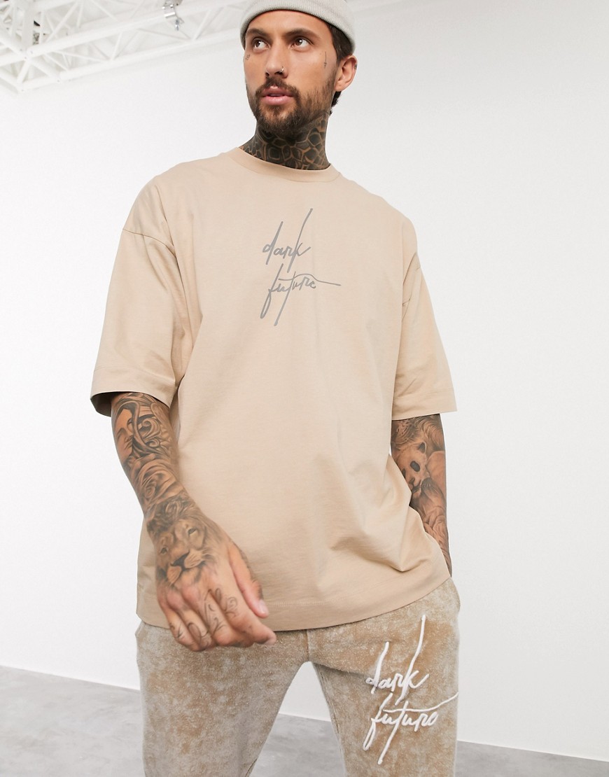 ASOS DESIGN x Dark Future - Oversized zwaargewicht T-shirt met Dark Future-logo en reflecterende print-Beige