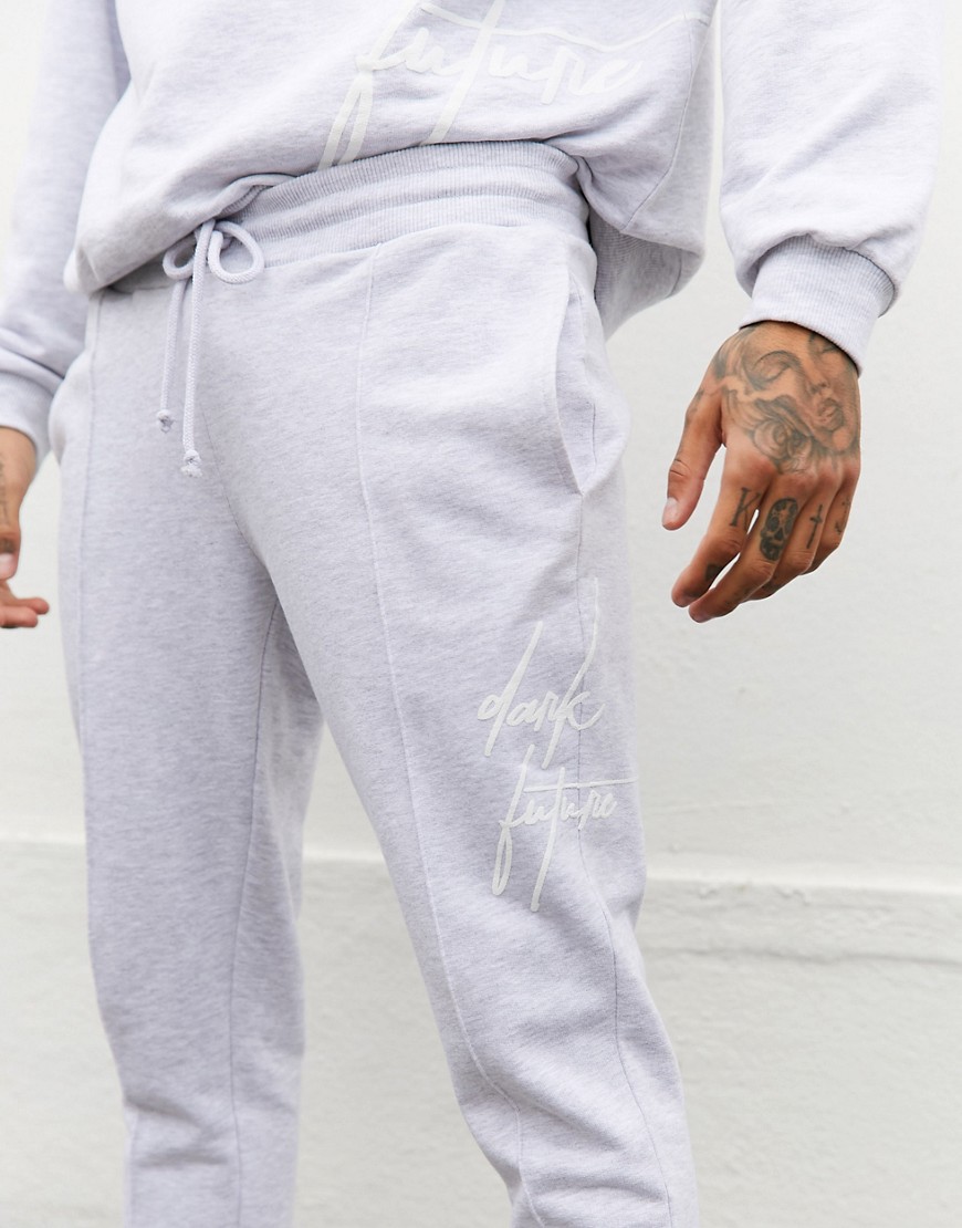 ASOS DESIGN x Dark Future - Skinny joggingbroek met geborduurd logo in grijs, combi-set-Wit