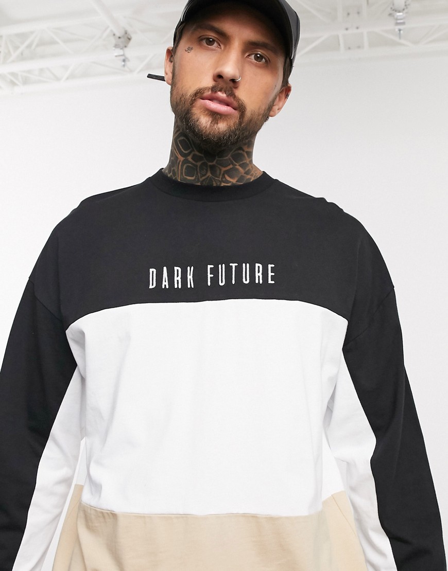 ASOS DESIGN x Dark Future - T-shirt a maniche lunghe oversize color block in jersey pesante con logo Dark Future-Nero