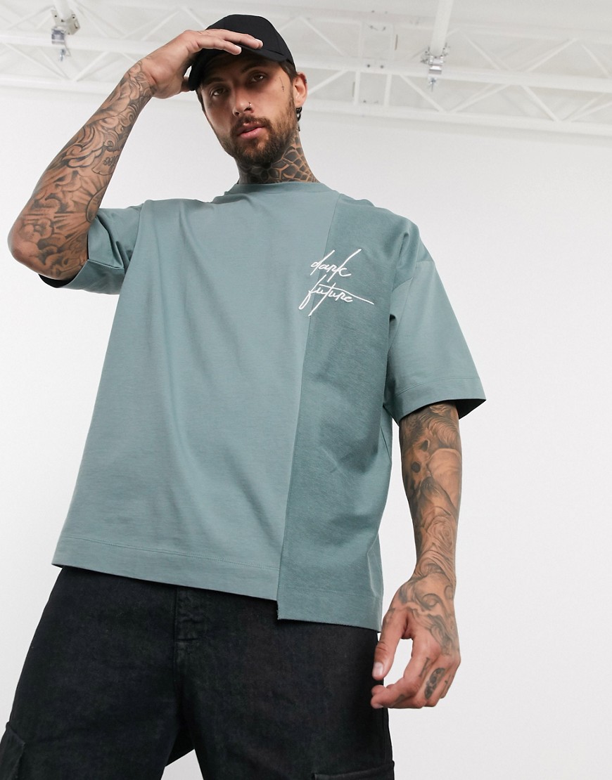 ASOS DESIGN x Dark Future - T-shirt oversize in jersey misto pesante con rovescio a ricci e logo Dark Future ricamato-Verde