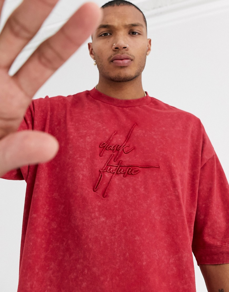 ASOS DESIGN x Dark Future - T-shirt oversize pesante slavata con scollo traforato e logo Dark Future-Rosso