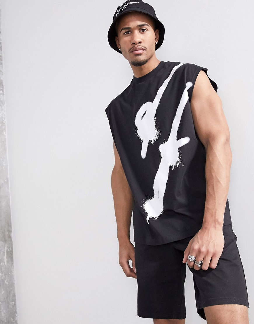 ASOS DESIGN x Dark Future - T-shirt senza maniche lunga e oversize con stampa effetto spray-Nero