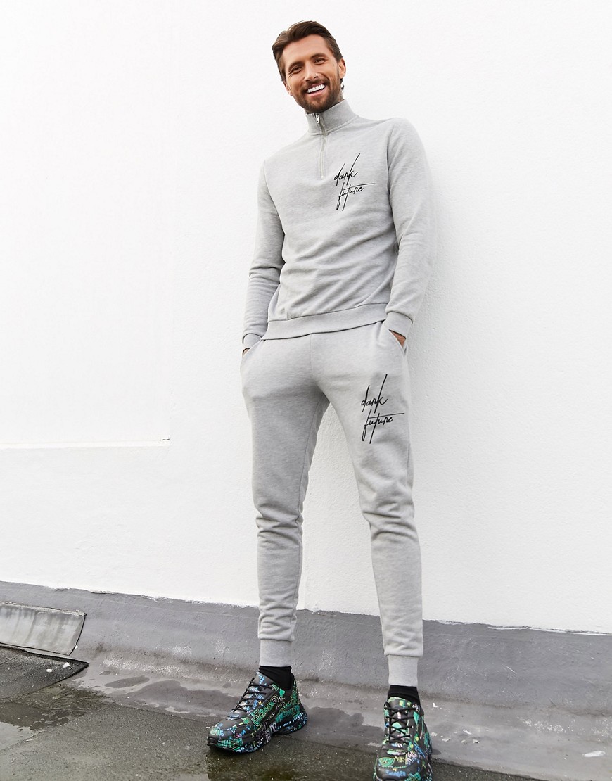 ASOS DESIGN x Dark Future - Træningssæt med sweatshirt med kort lynlås og skinny joggingbukser-Grå