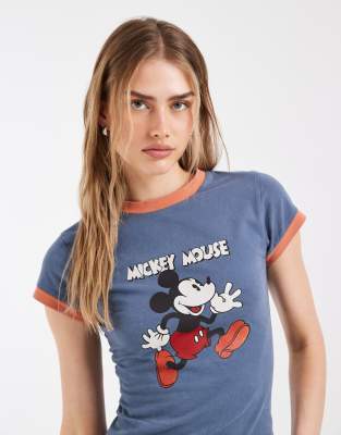 Asos Design X Disney T-shirt With Mickey Print In Blue