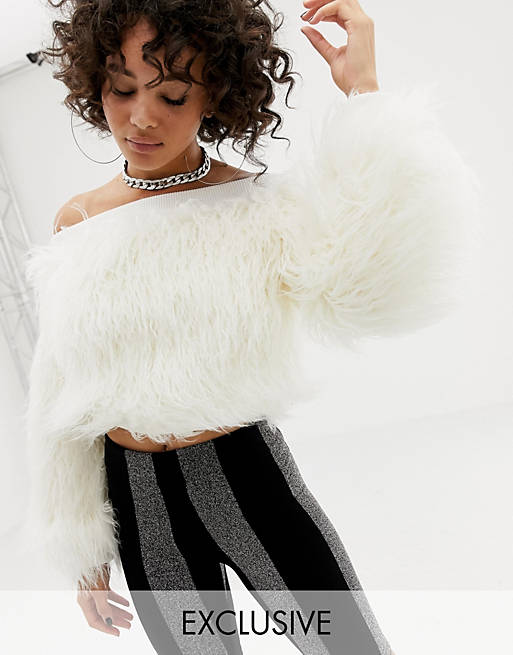ASOS DESIGN x LaQuan Smith off shoulder cropped sweater in faux fur