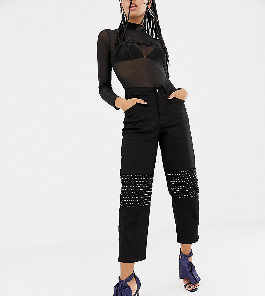ASOS DESIGN x LaQuan Smith tapered jeans with rhinestone knee panels-Black
