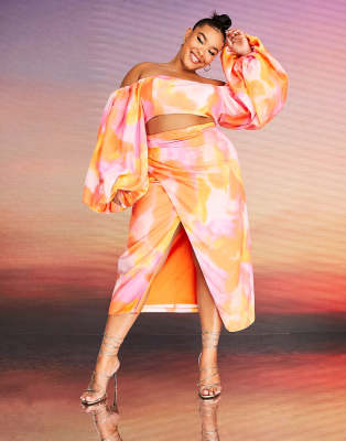 ASOS DESIGN ASOS DESIGN x MILLIE Curve co-ord wrap midi skirt in linen tie dye print-Multi