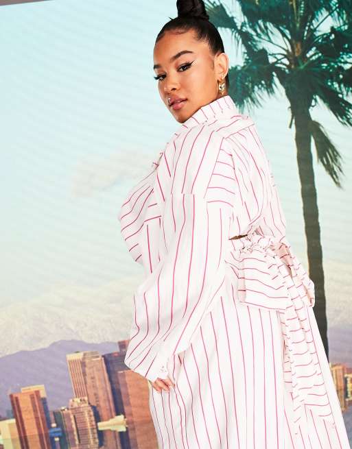 ASOS DESIGN x MILLIE Curve - Cropped skjorte i pink striber, 3 af 4