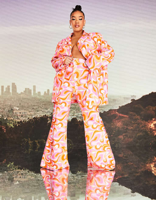ASOS DESIGN x MILLIE Curve - Flare-broek met wervelende print, deel van co-ord set