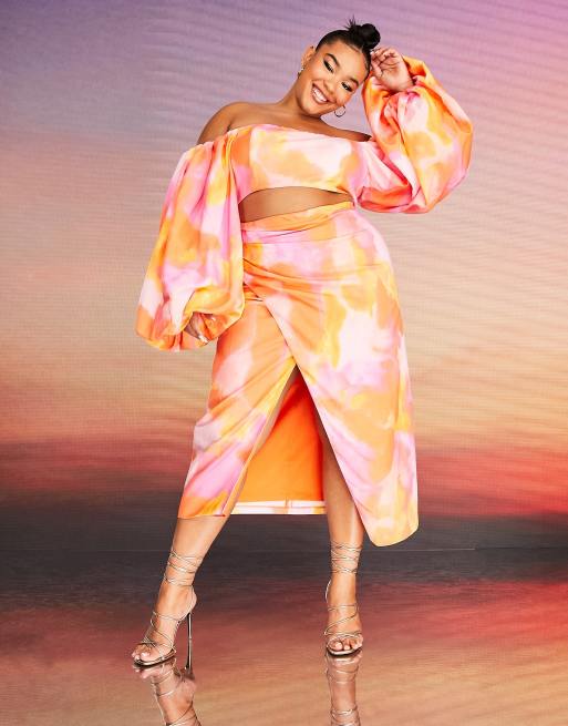 ASOS DESIGN x MILLIE Curve - Linnen midi wikkelrok in tie-dye-print, deel van co-ord set