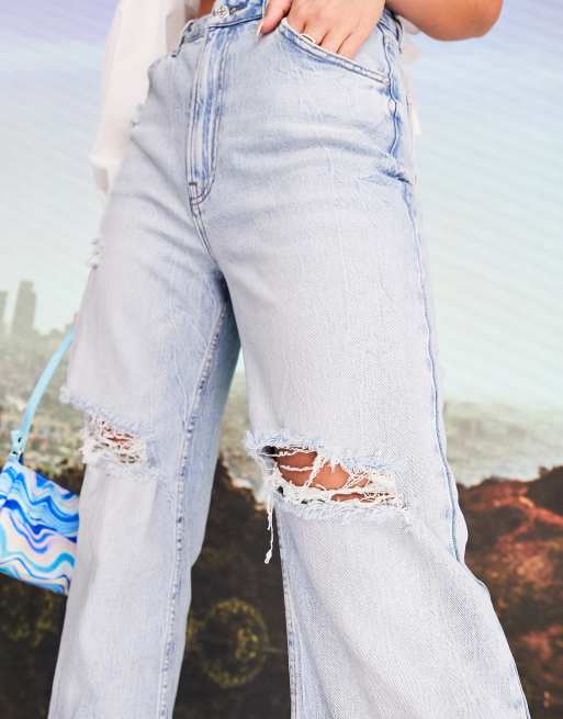 ASOS DESIGN x MILLIE wide leg ripped knee jean in light wash blue, 3 of 4