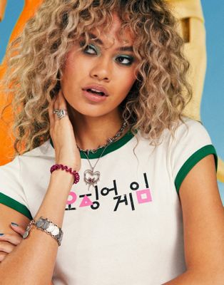ASOS DESIGN X Squid Game: The Challenge ringer baby tee in white with logo print - ASOS Price Checker