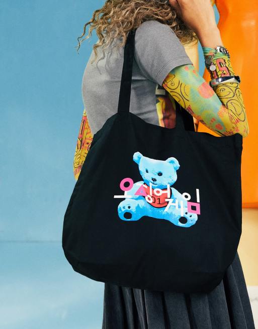 ASOS DESIGN X Squid Game The Challenge black tote bag with bear print