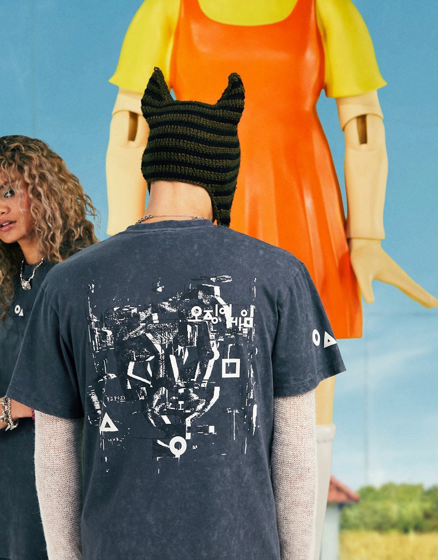 ASOS DESIGN X Squid Game: The Challenge unisex t-shirt with back print in washed black-Multi