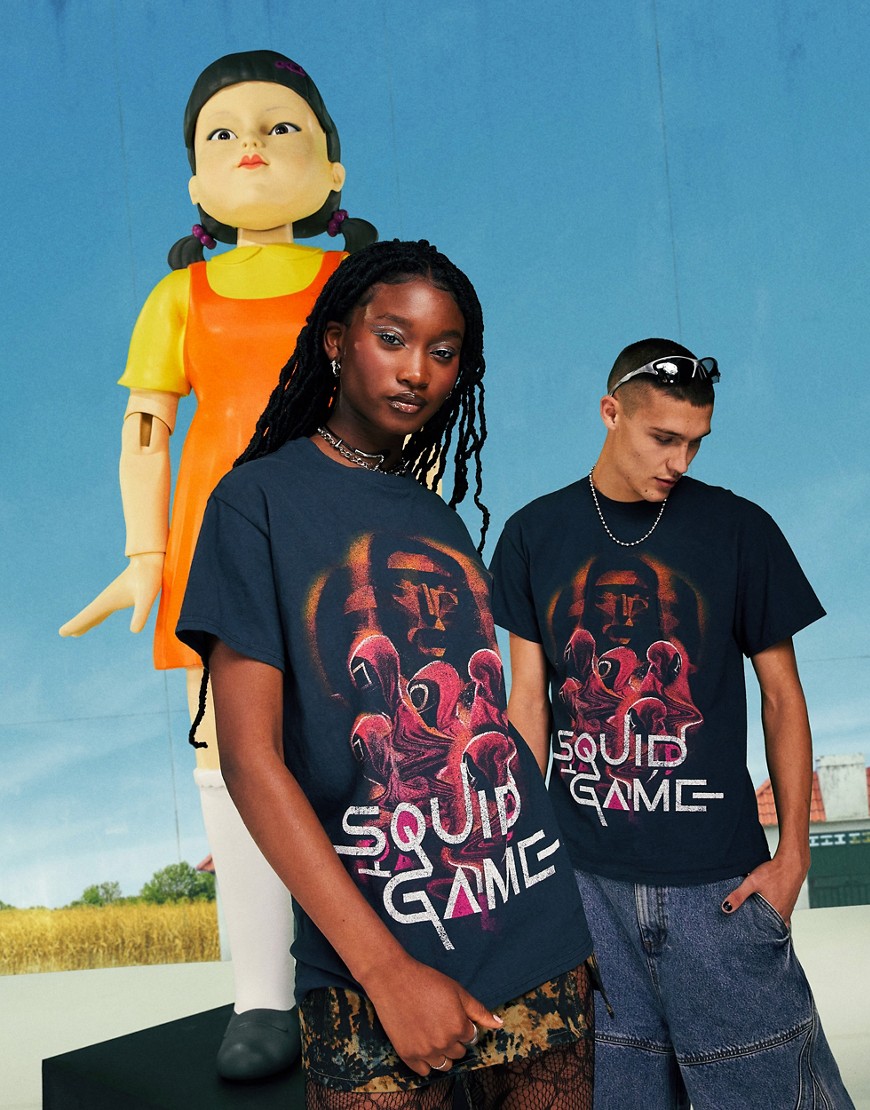 ASOS DESIGN X Squid Game: The Challenge unisex t-shirt with guard print in washed black