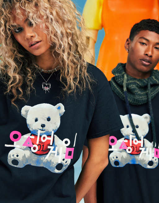 ASOS DESIGN X Squid Game: The Challenge unisex t-shirt with logo & bear in  washed black