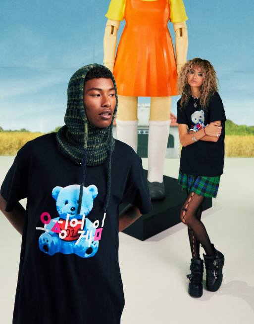 ASOS DESIGN x Squid Game: The Challenge unisex t-shirt with logo & bear in washed black, 3 of 4