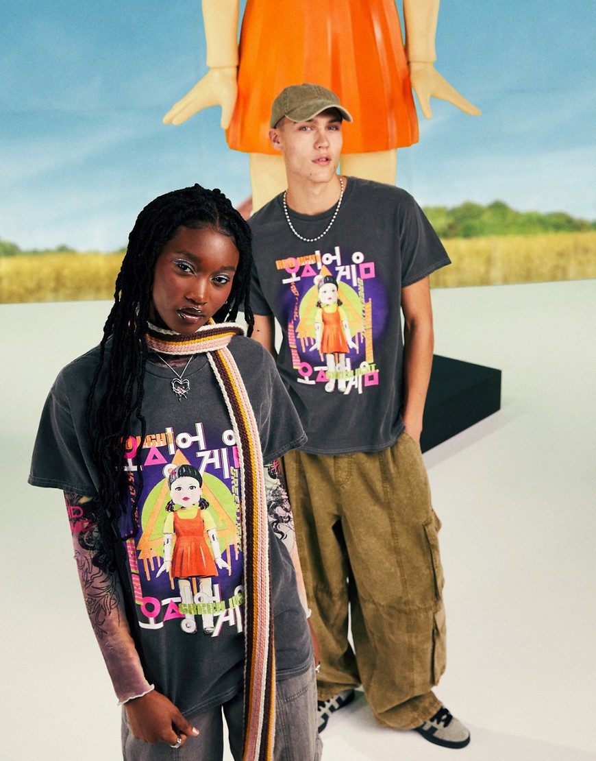 ASOS DESIGN X Squid Game: The Challenge unisex Younghee Doll t-shirt in washed charcoal-Black