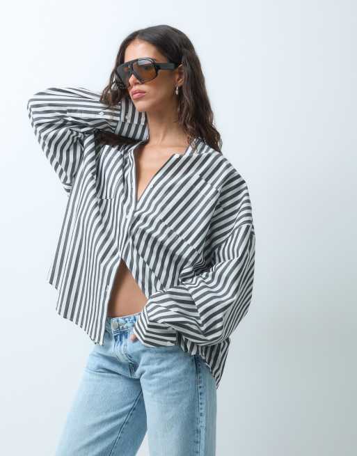 ASOS DESIGN XL oversized shirt in mono stripe, 3 of 9