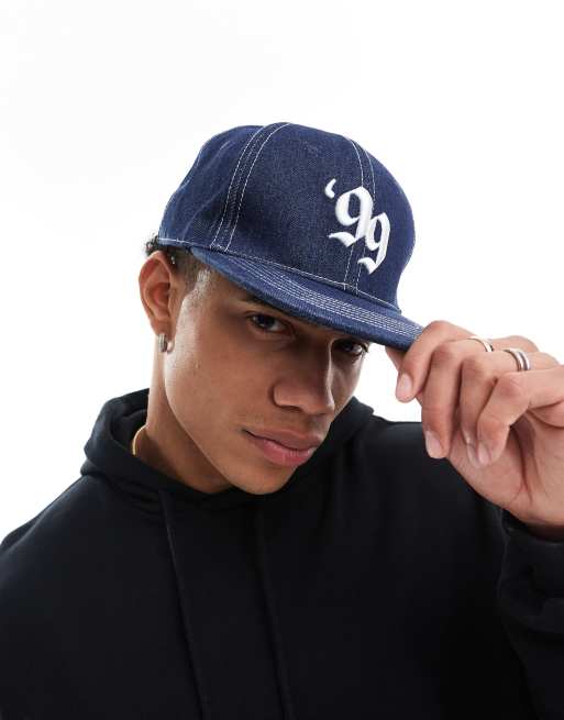ASOS DESIGN y2k fitted cap in denim with embroidery and topstitch detail