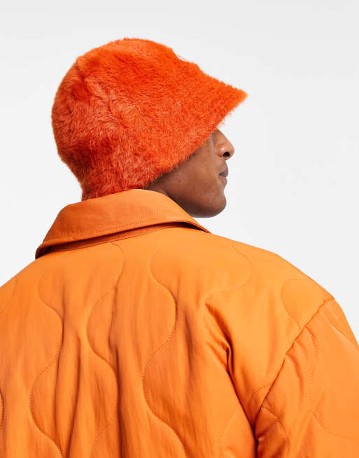 ASOS DESIGN y2k fluffy bucket hat with badge in orange, 2 of 4