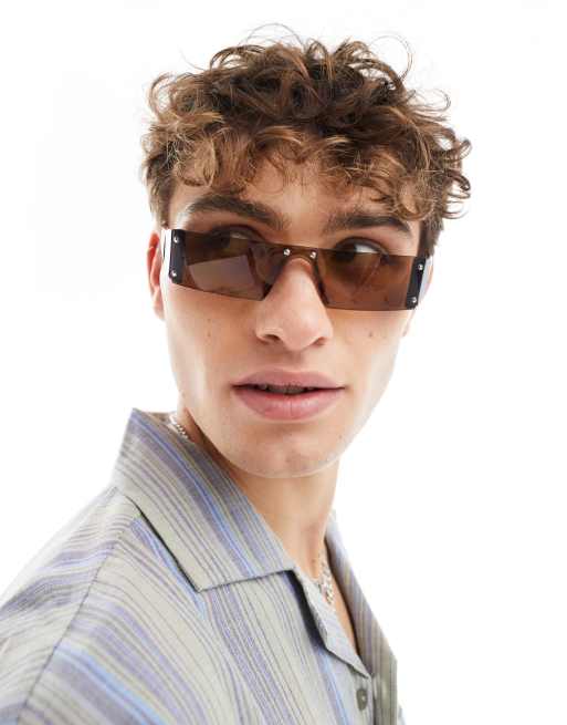 ASOS DESIGN y2k rimless sunglasses with visor lens in brown | ASOS