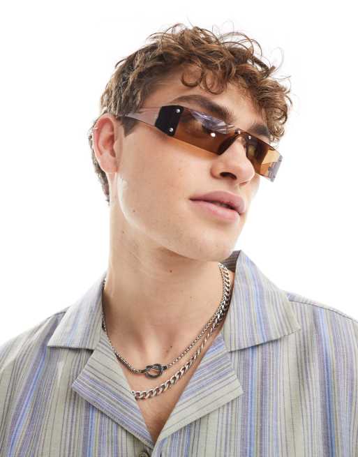 ASOS DESIGN y2k rimless sunglasses with visor lens in brown | ASOS