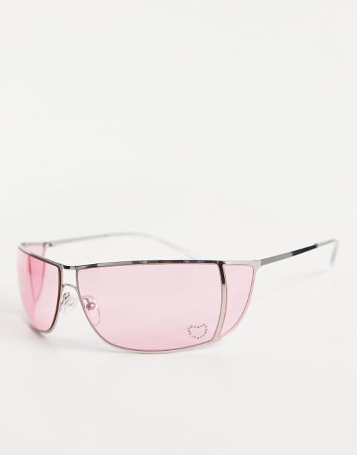 ASOS DESIGN – Y2K – Silverfärgade solglasögon i omslutande design med rosa glas, 3 av 4