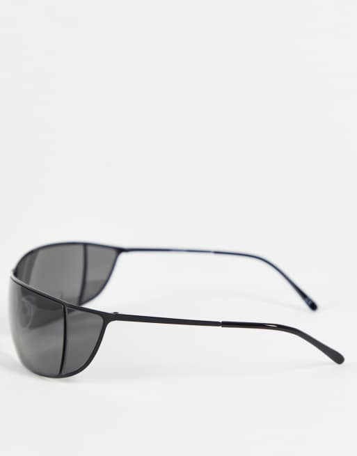 ASOS DESIGN Y2K wrap sunglasses in black with black lens, 2 of 4