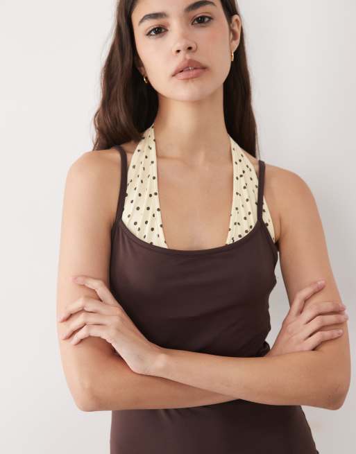 ASOS DESIGN yellow contrast polka dot halter mini dress in brown, 3 of 4