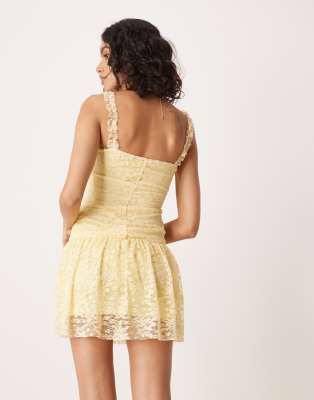 Asos Design Yellow Lace Ruched Mini Dress