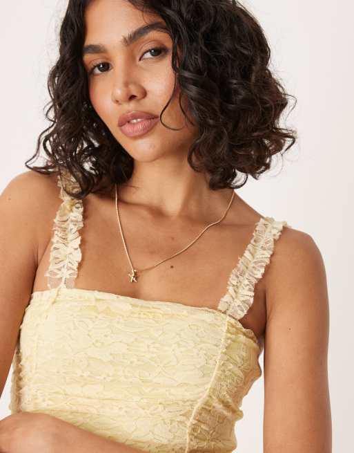 knee length dresses for ladies For The Summer Lace Trim Top Yellow main image 1