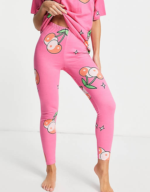 ASOS Yin Yang Cherry Oversized Tee & leggings Pyjama Set in Pink Womens Clothing Nightwear and sleepwear Pyjamas 