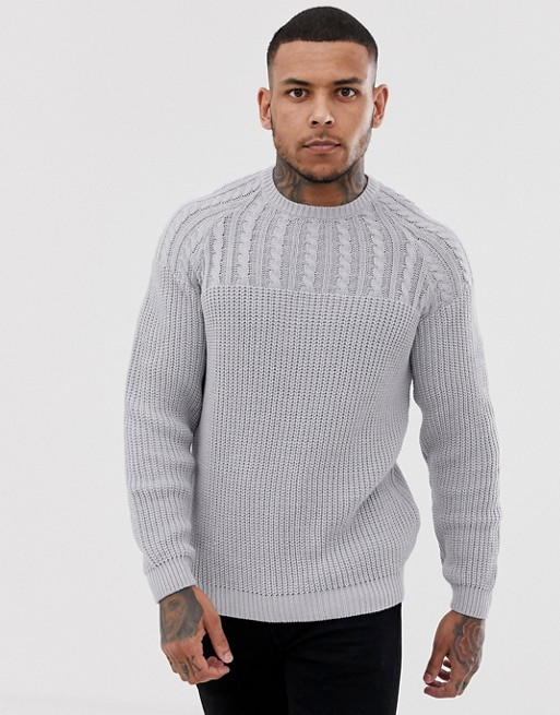 ASOS DESIGN yoke cable knit sweater in light gray | ASOS