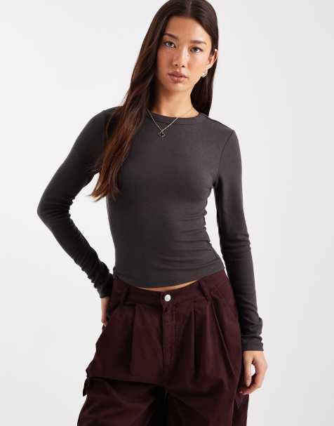 ASOS DESIGN - Zacht gekrompen T-shirt met lange mouwen in 'raven' grijs - view 1