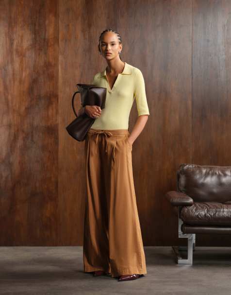 ASOS DESIGN - Zachte broek met wijde pijpen in karamel met wassing - view 1