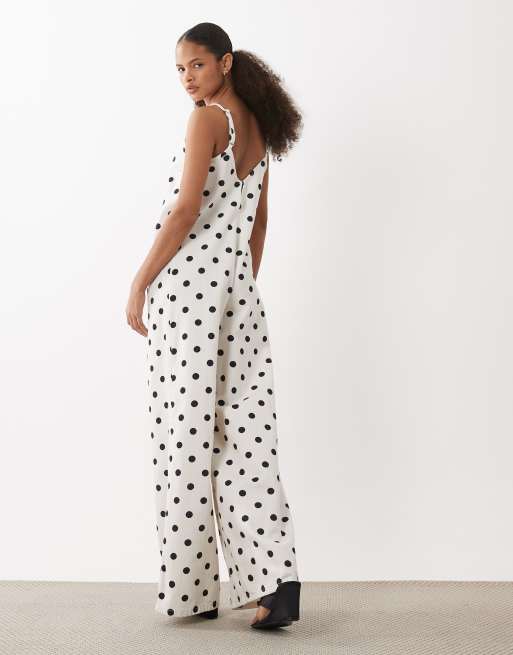 ASOS DESIGN - Zachte denim jumpsuit met wijde pijpen en stippenprint, 4 van 4