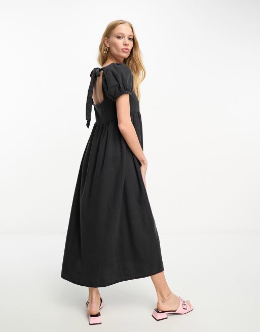 ASOS DESIGN - Zachte denim midi jurk met gestrikte achterkant in zwart