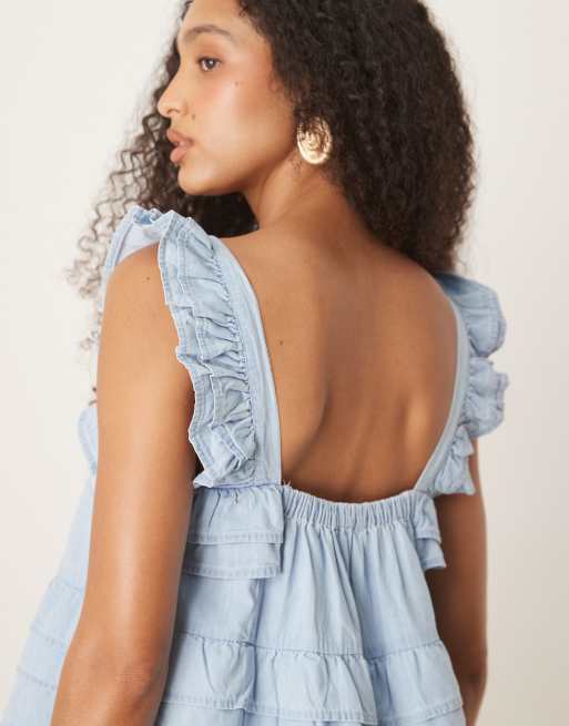 ASOS DESIGN - Zachte denim mini cami-jurk met stroken in lichtblauw, 3 van 4