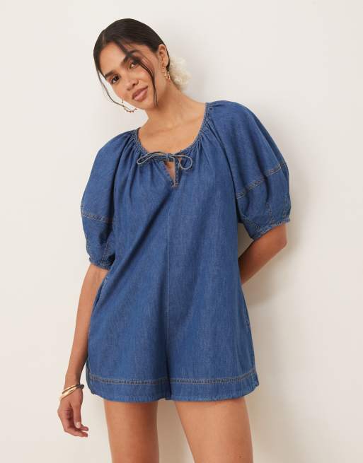 ASOS DESIGN - Zachte denim playsuit met ballonmouwen in donker middenblauw, 3 van 4