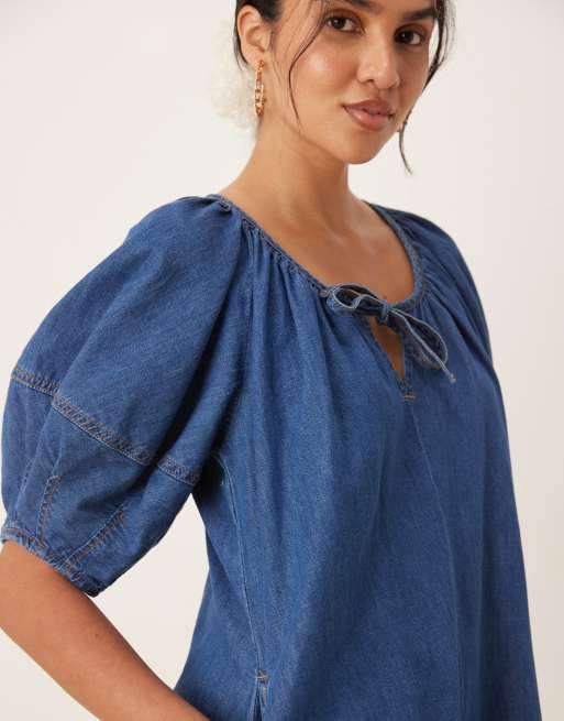 ASOS DESIGN - Zachte denim playsuit met ballonmouwen in donker middenblauw, 4 van 4