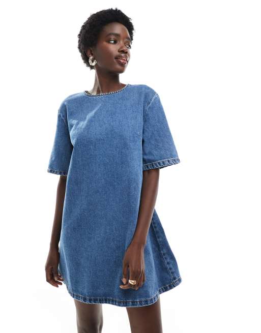 ASOS DESIGN - Zachte denim T-shirt mini jurk in midwash blauw, 2 van 4