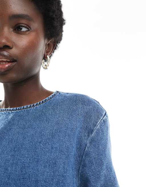 ASOS DESIGN - Zachte denim T-shirt mini jurk in midwash blauw, 4 van 4
