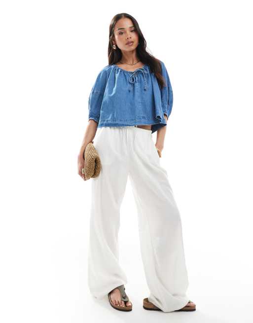 ASOS DESIGN - Zachte denim top met gestrikte voorkant in middenblauw