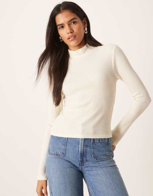 ASOS DESIGN - Zachte geborstelde geribbelde top met lange mouwen en col