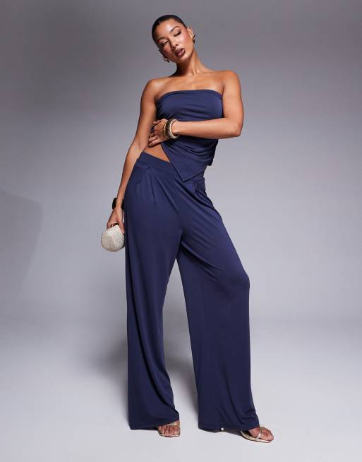 ASOS DESIGN - Zachte geplooide broek met wijde pijpen in inktblauw, deel van co-ord set
