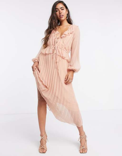 ASOS DESIGN - Zachte geplooide midi-jurk met trekkoord in de taille en ruches in lichtroze