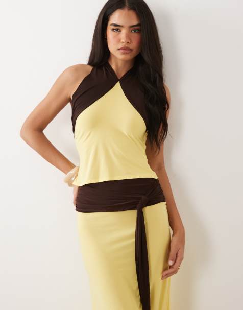 ASOS DESIGN - Zachte haltertop met contrasterende strik in geel en bruin, deel van co-ord set - view 1