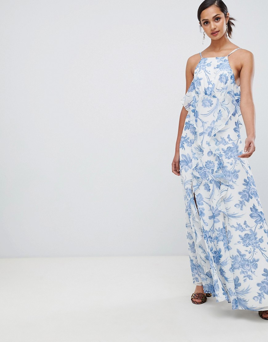 ASOS DESIGN - Zachte lange jurk met ruches in blauwe bloemenprint-Multi