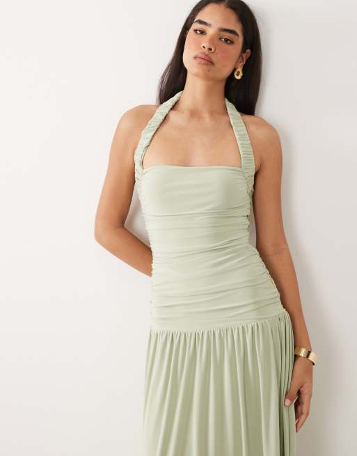 ASOS DESIGN - Zachte maxi jurk met gerimpelde halternek in saliegroen, 4 van 4